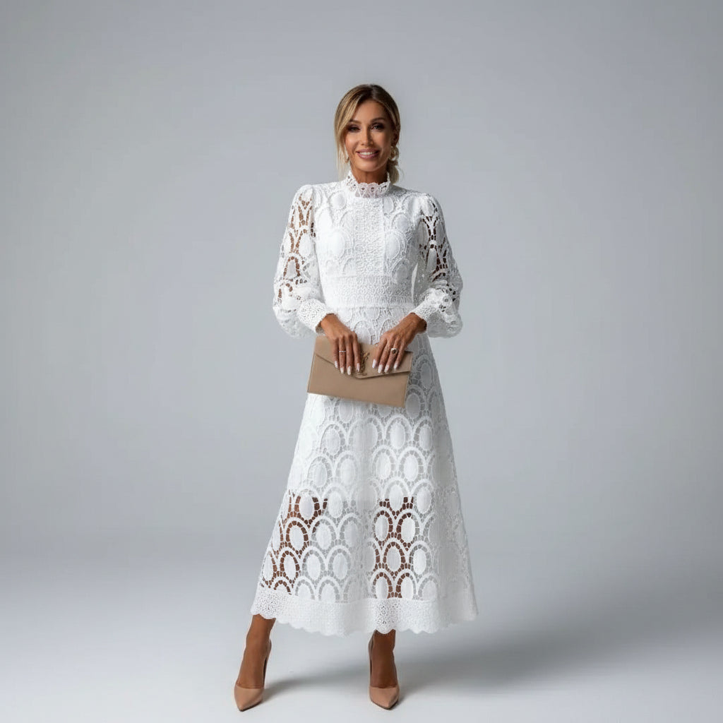 long sleeve white lace midi dress High Neck SHEER DRESSES - Brown Approx 133cm Materials Size:54 (IT-EU) / 44 (US-UK) persona-romantic