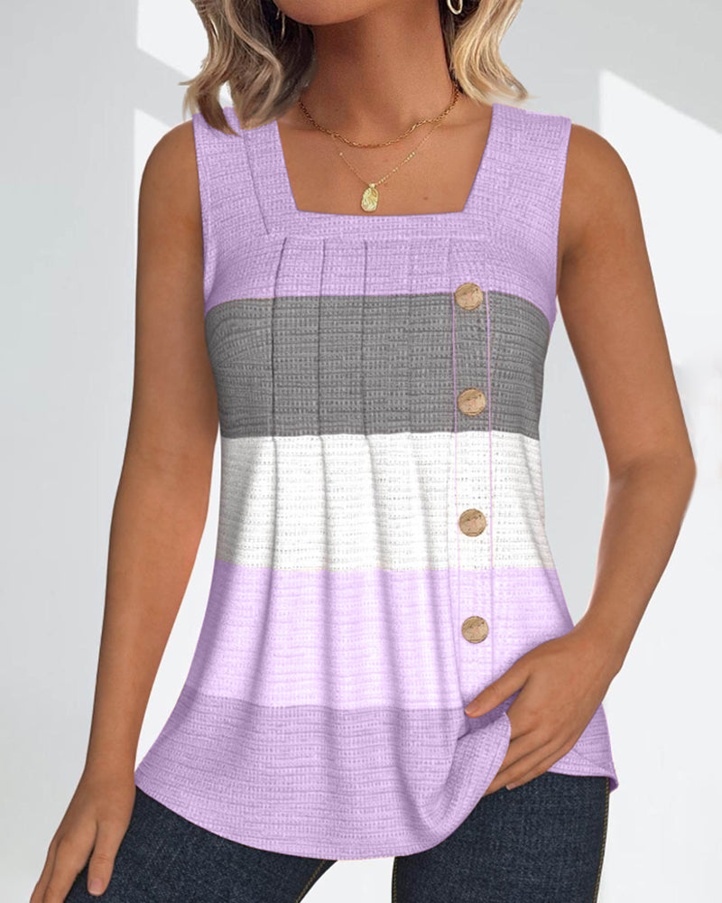 Striped Square Neck Shirred Button Sleeveless Vest Top