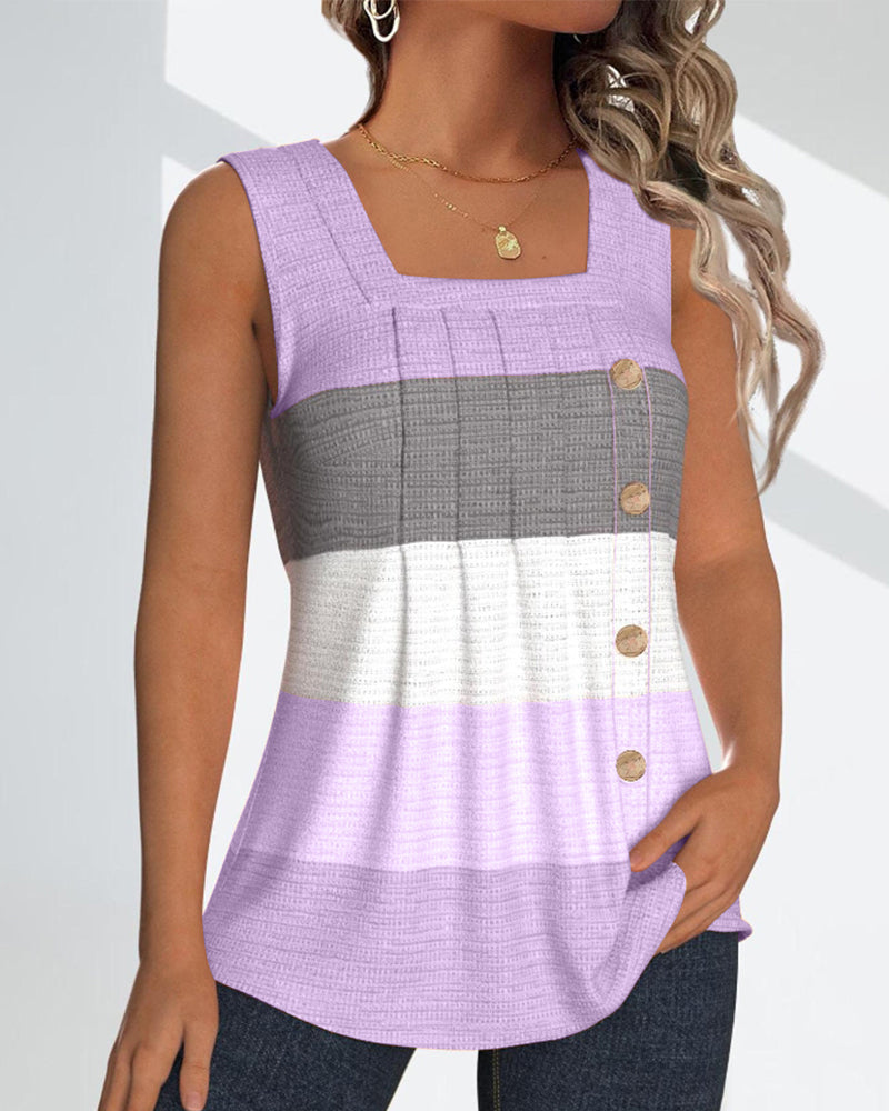 Striped Square Neck Shirred Button Sleeveless Vest Top