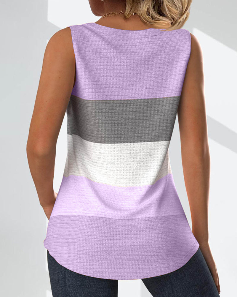 Striped Square Neck Shirred Button Sleeveless Vest Top