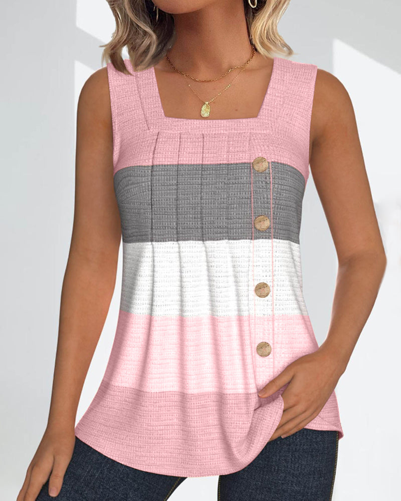 Striped Square Neck Shirred Button Sleeveless Vest Top