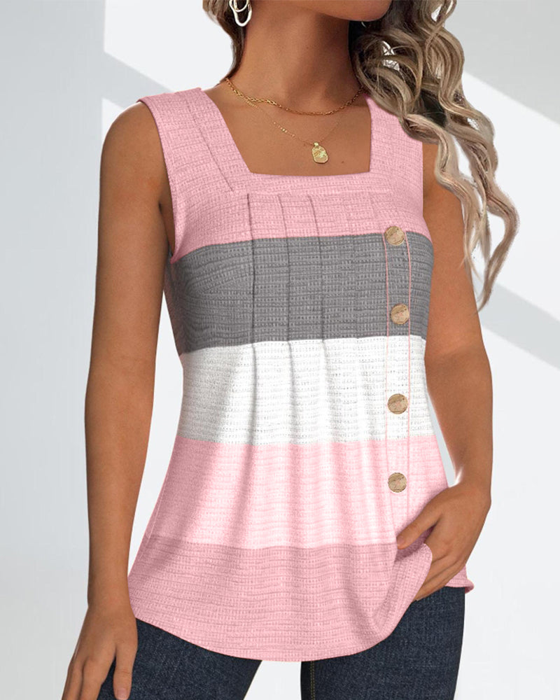 Striped Square Neck Shirred Button Sleeveless Vest Top