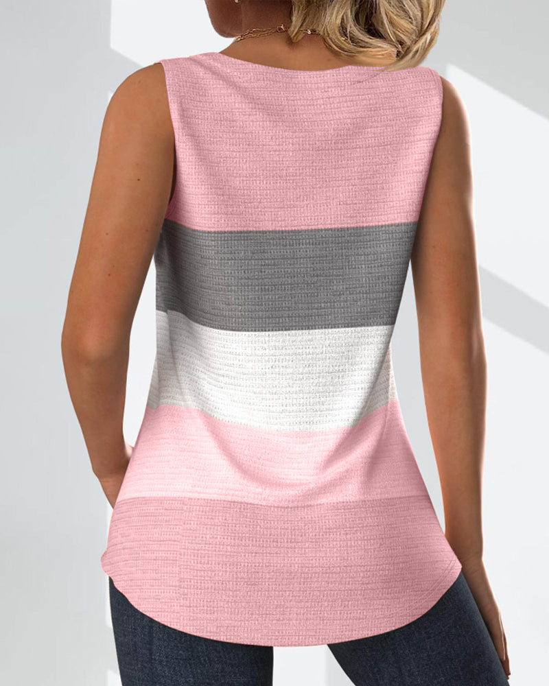 Striped Square Neck Shirred Button Sleeveless Vest Top