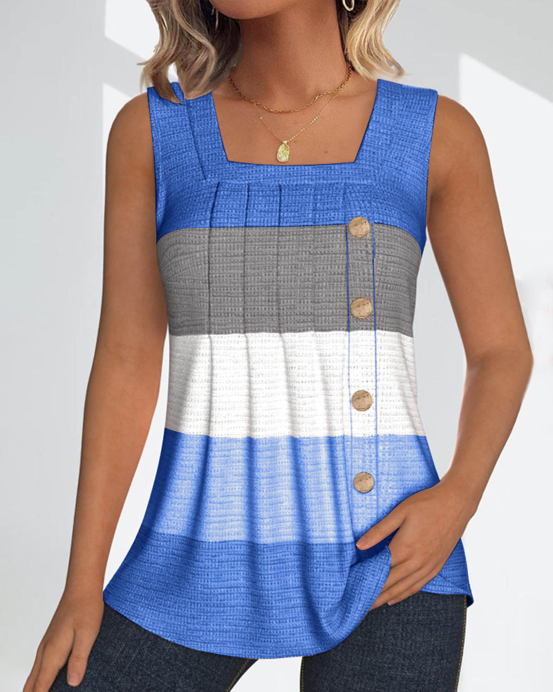 Striped Square Neck Shirred Button Sleeveless Vest Top