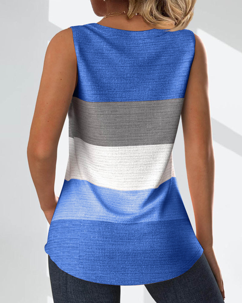 Striped Square Neck Shirred Button Sleeveless Vest Top