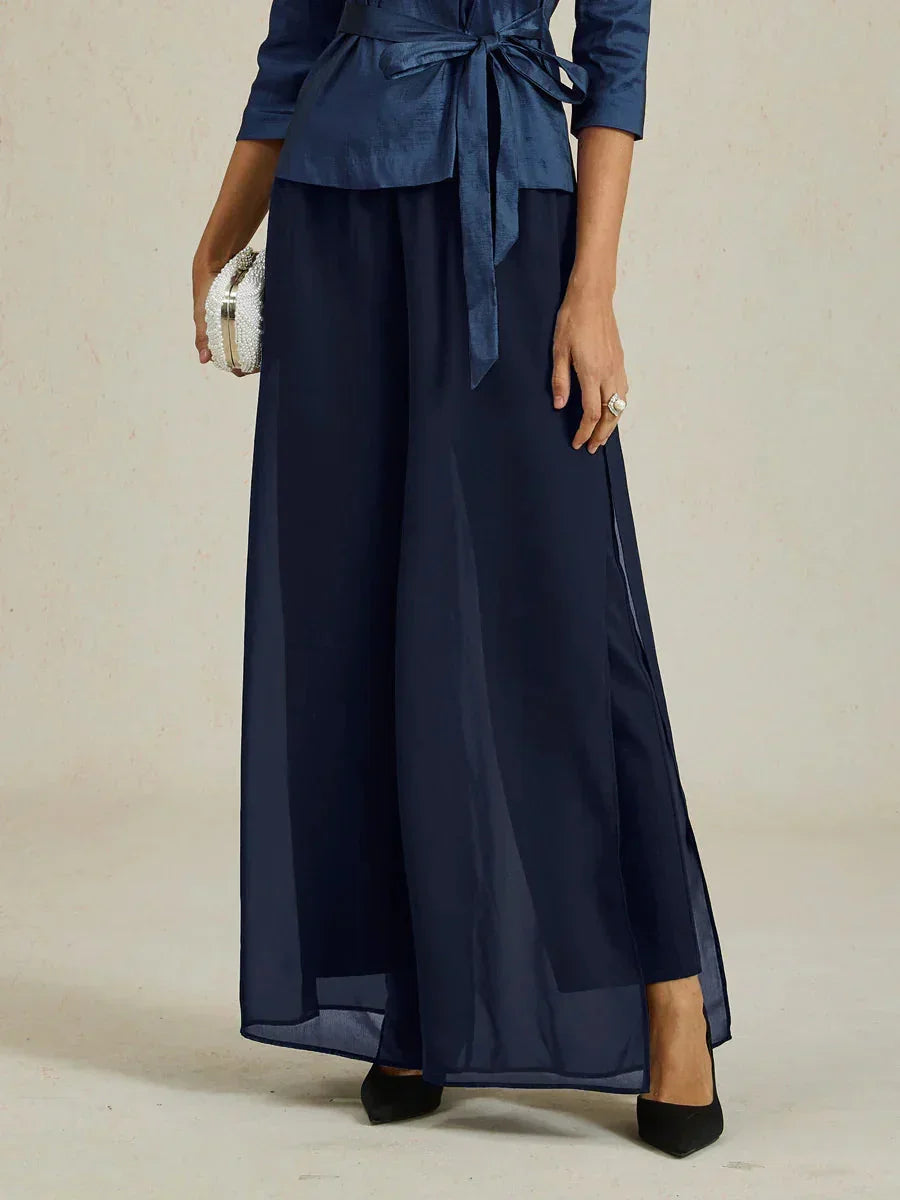 Wide leg trousers chiffon overlay front view | Alba Muse