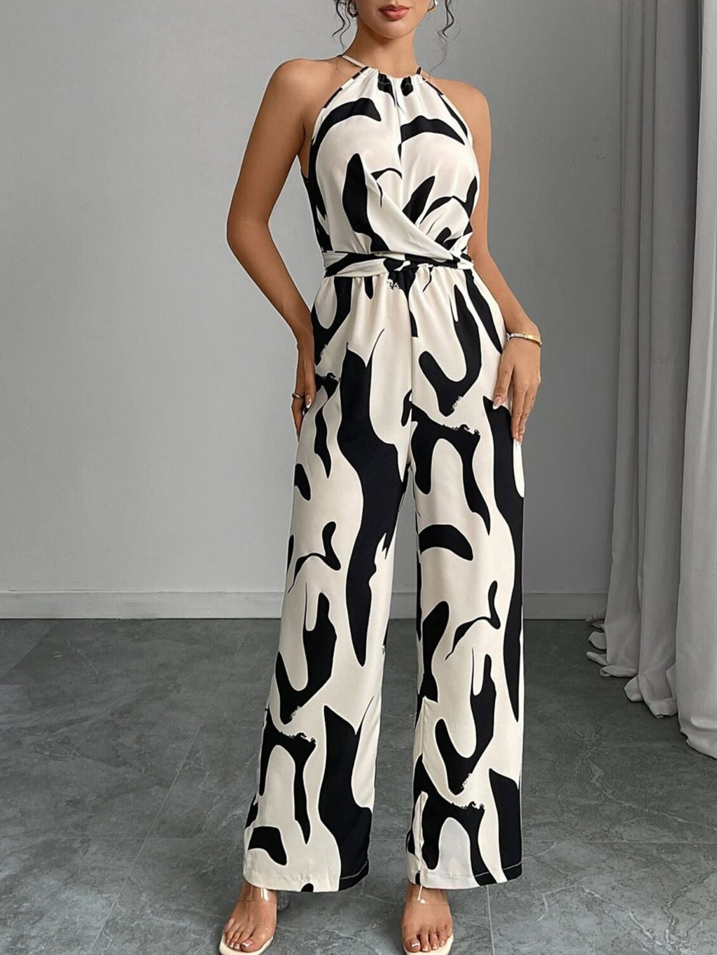Abstract print wide leg jumpsuit, side view
