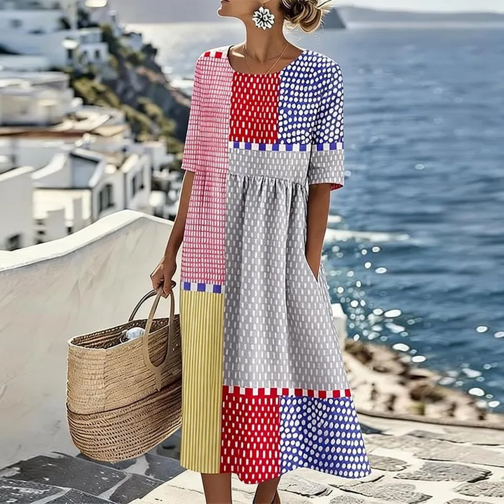 Colour block geometric print midi dress with pockets, front view