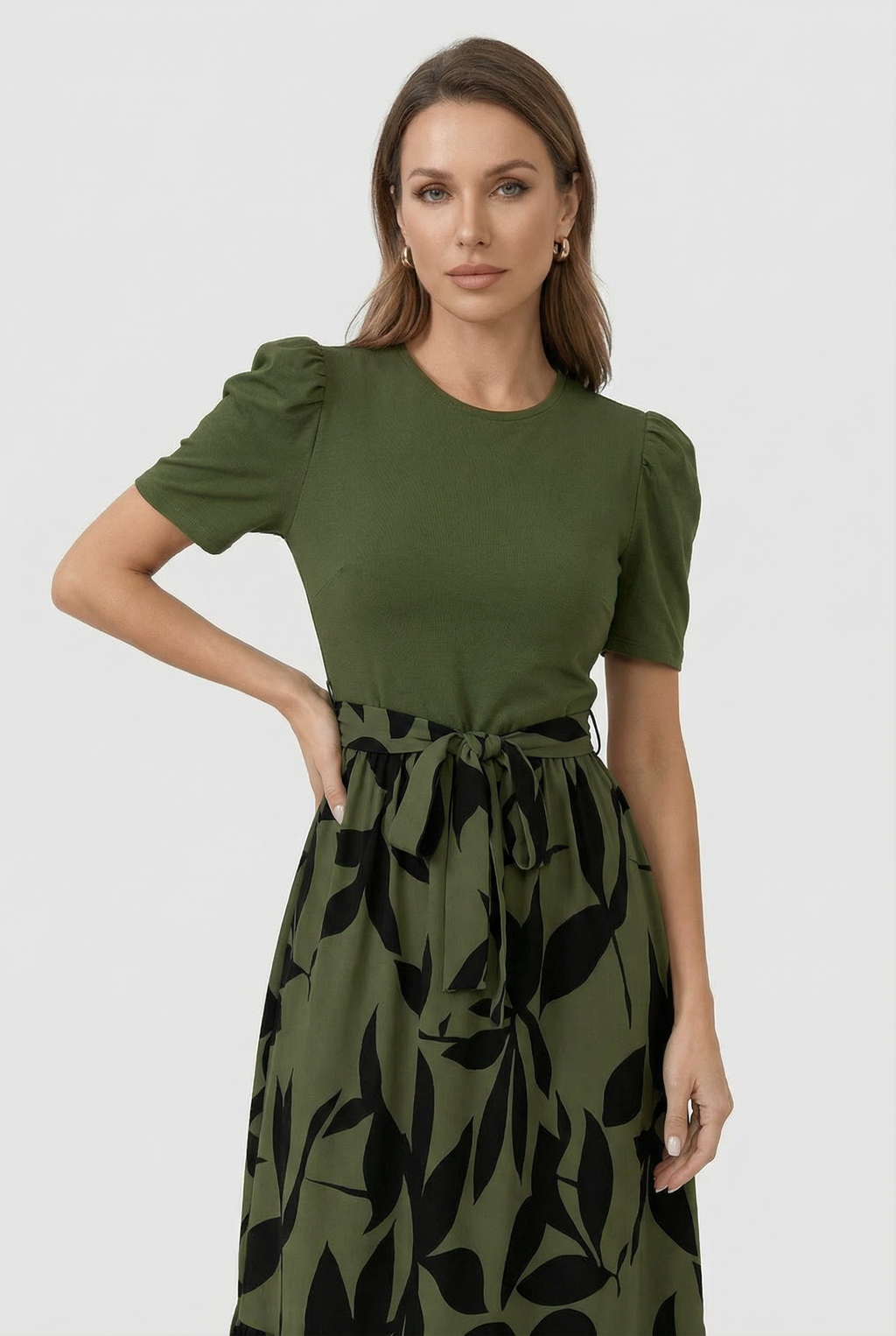 Floral A-line maxi dress with round neck, full length front view