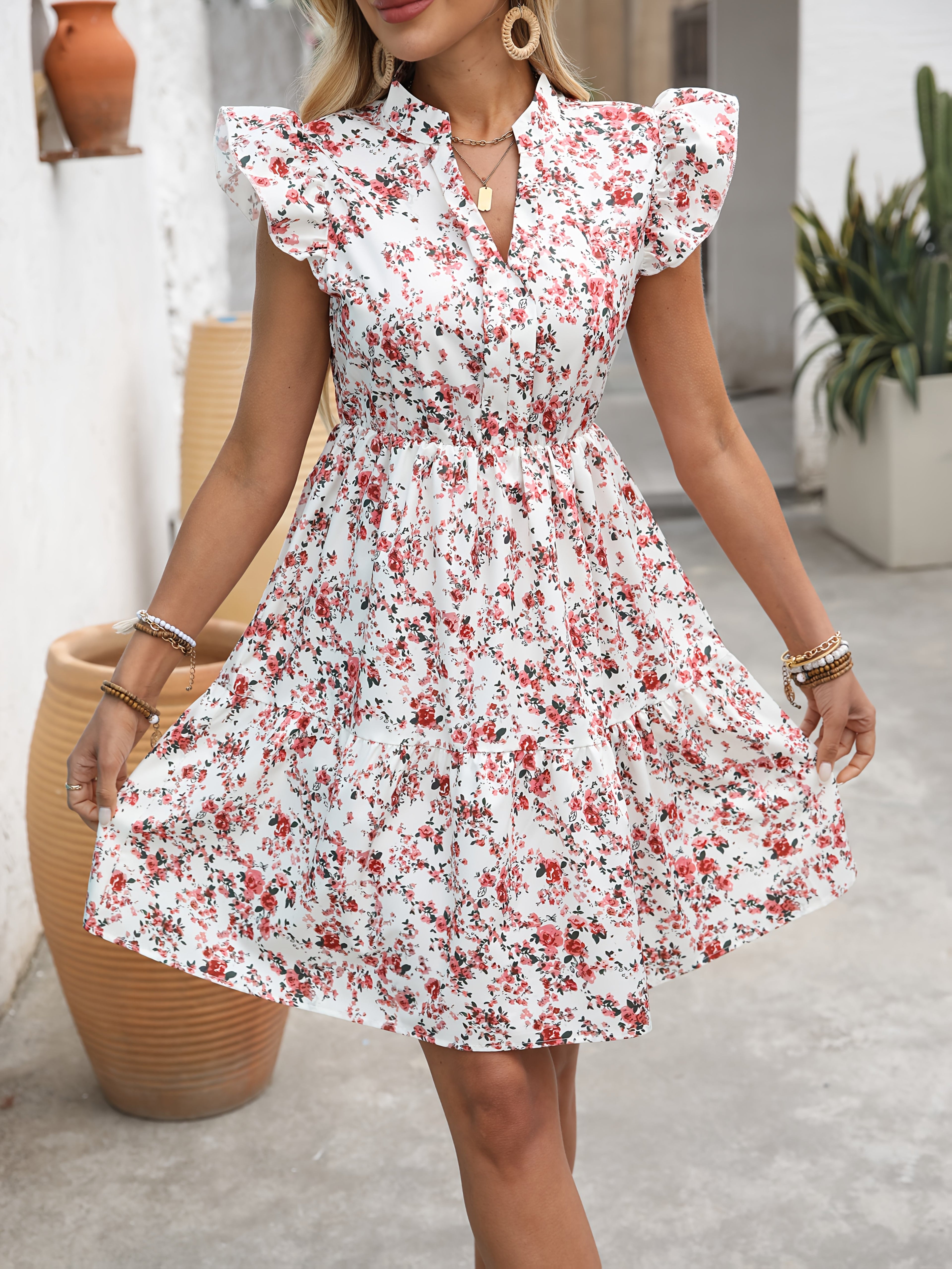 Floral print ruffle hem notched collar mini dress | Alba Muse