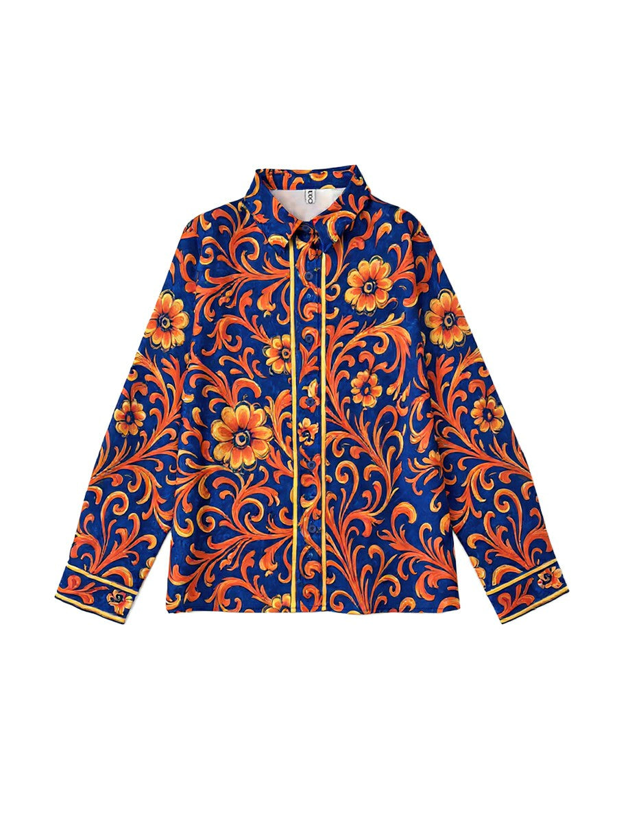 Flower Print Lapel Buttoned Blouse