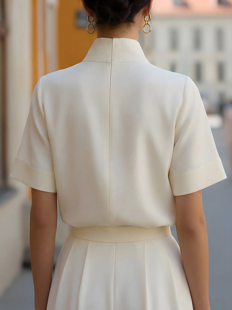 Women's stand collar blouse in white, back view