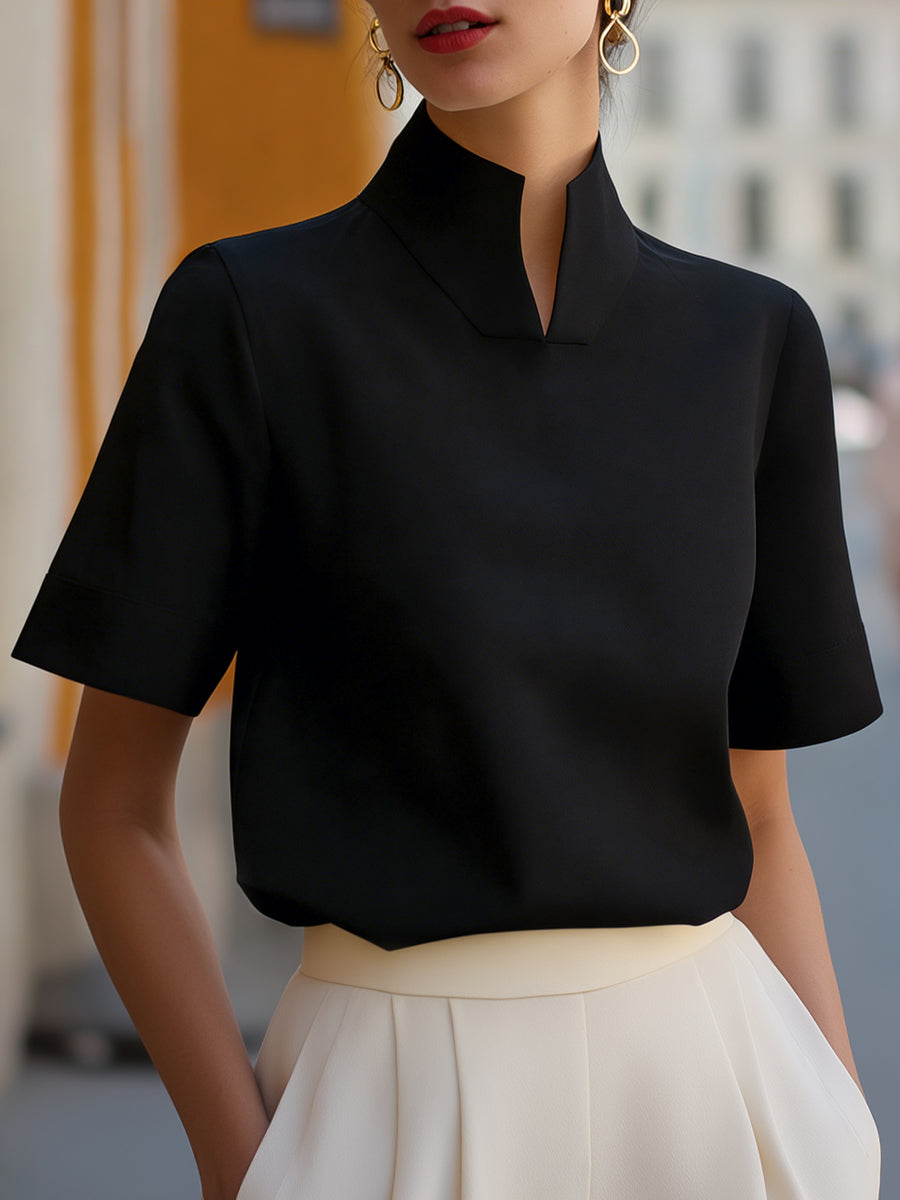Stand collar short sleeve blouse in black, front view