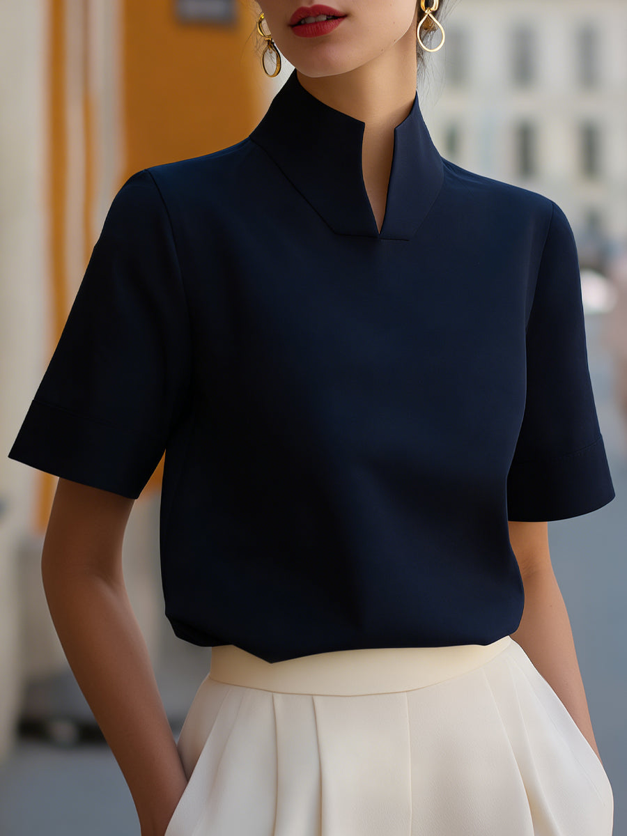 Stand collar blouse in navy, smart work top front view