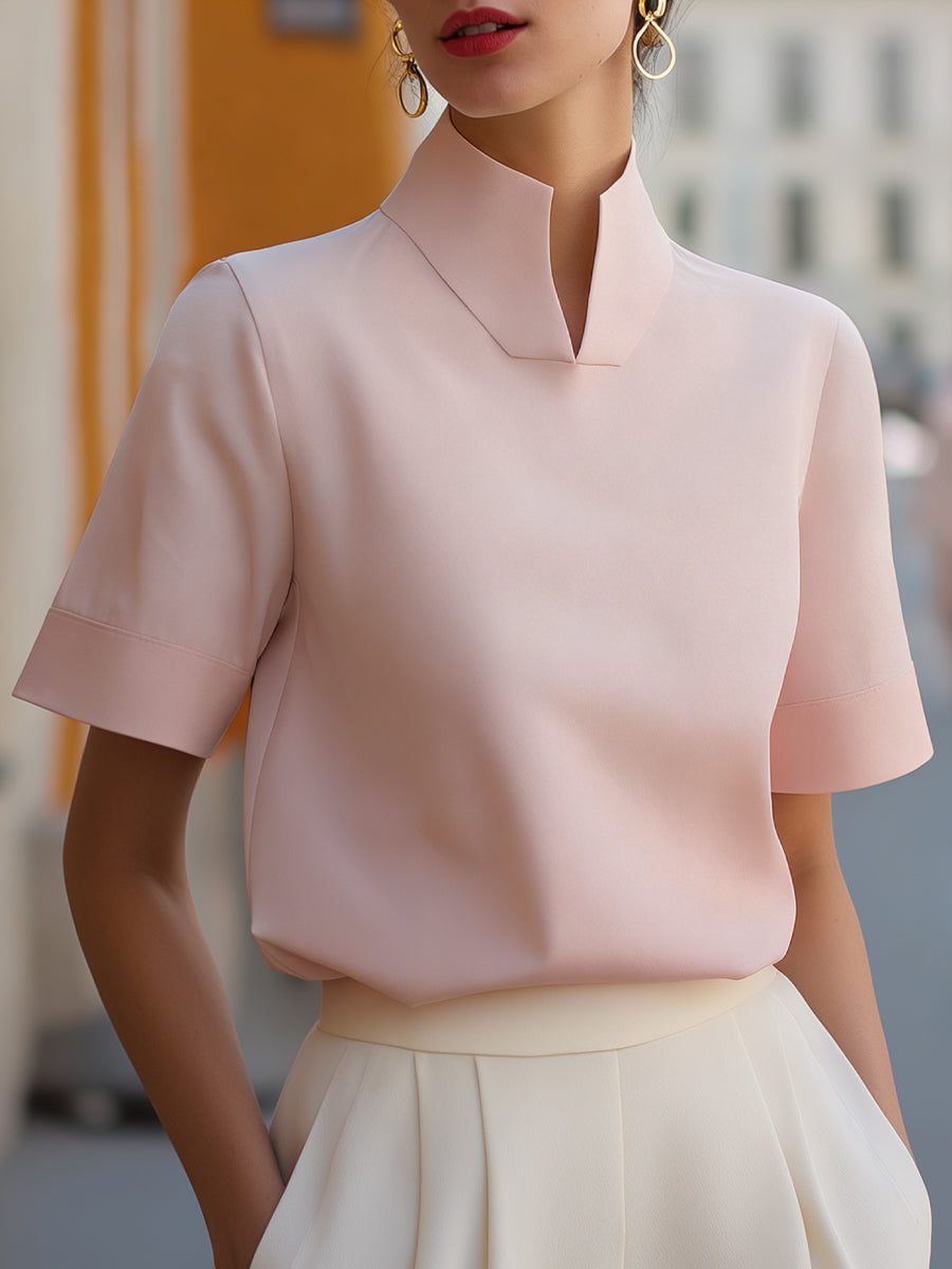 Stand collar short sleeve blouse in pink, front view