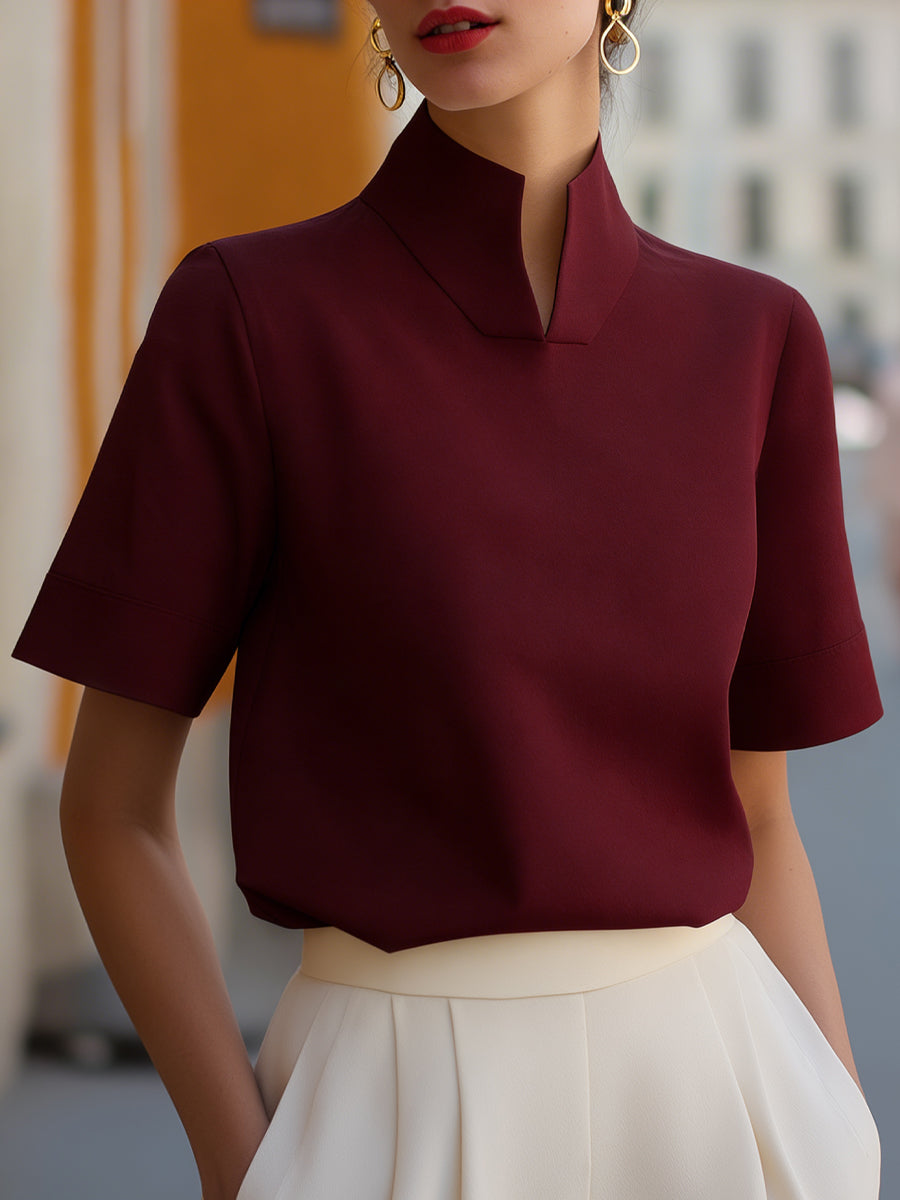 Stand collar blouse in burgundy, smart short sleeve top