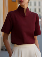 Stand collar blouse in burgundy, smart short sleeve top