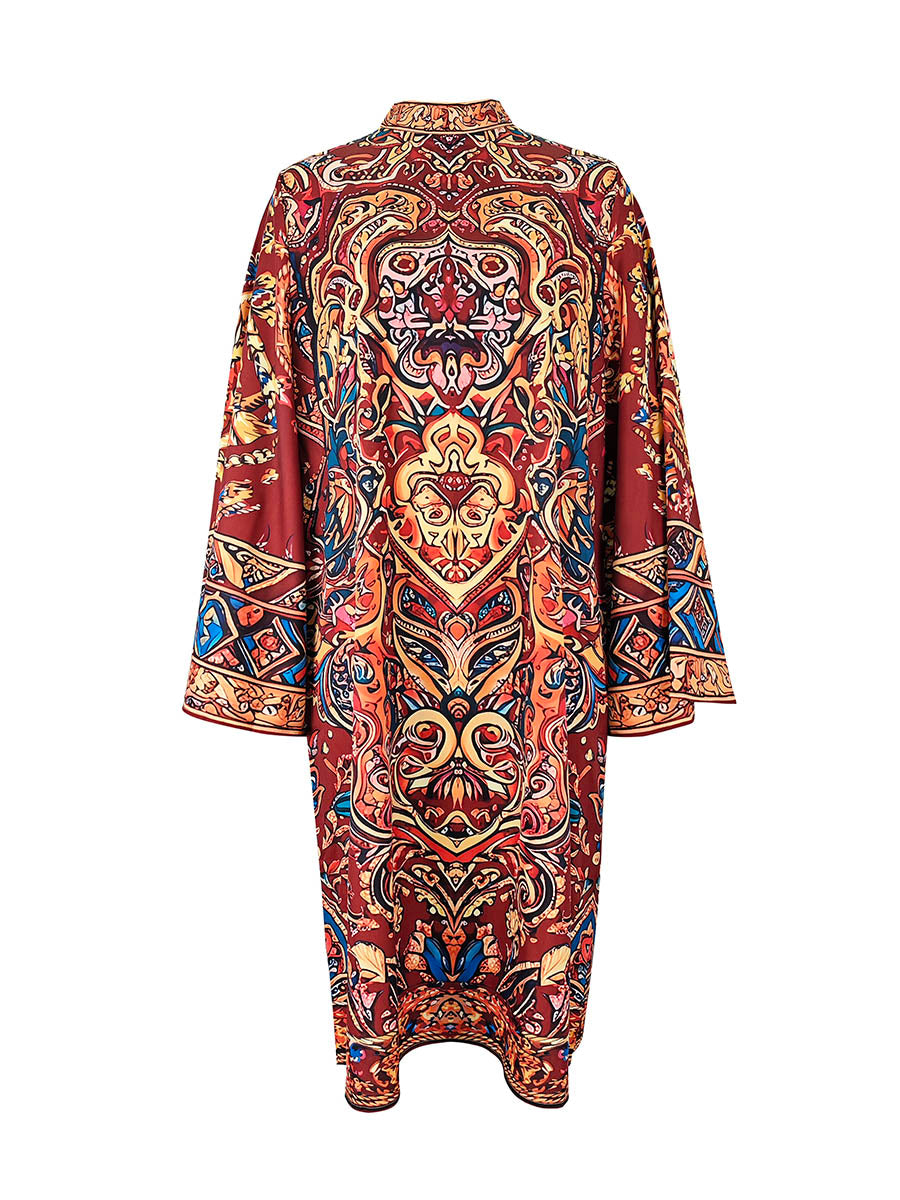 Red contrast-print mock neck midi dress, back view showing flared sleeves