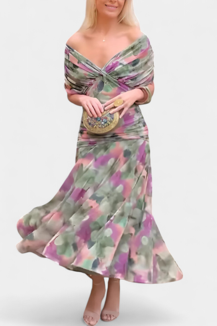 Women's chiffon off shoulder maxi dress in floral green purple – twist knot