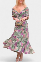 Women's chiffon off shoulder maxi dress in floral green purple – twist knot