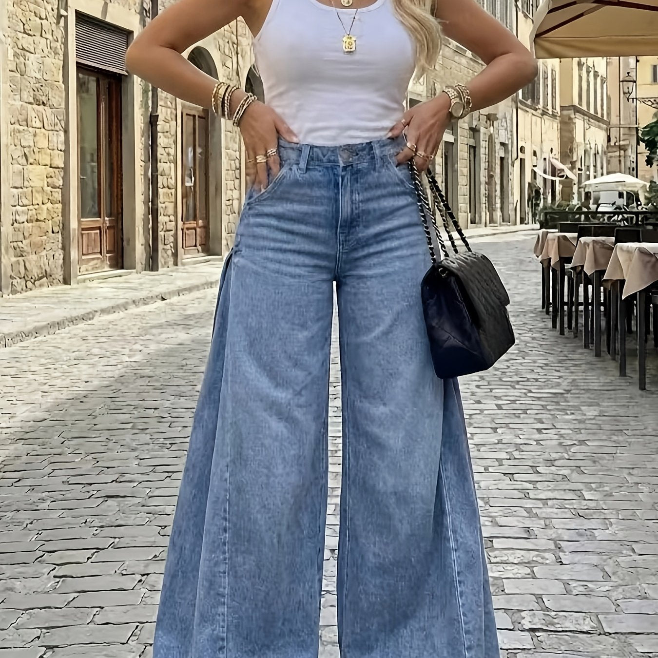 High-Waist Flare Leg Wide Denim Jeans