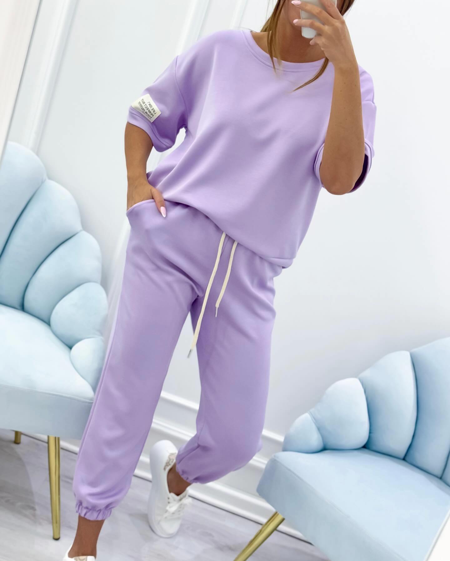 Loungewear set in pink, matching t-shirt and jogger trousers | Alba Muse