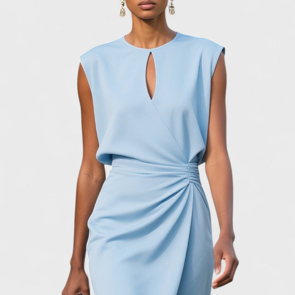 Elegant midi dress with graceful silhouette in white, alternative colour back view
