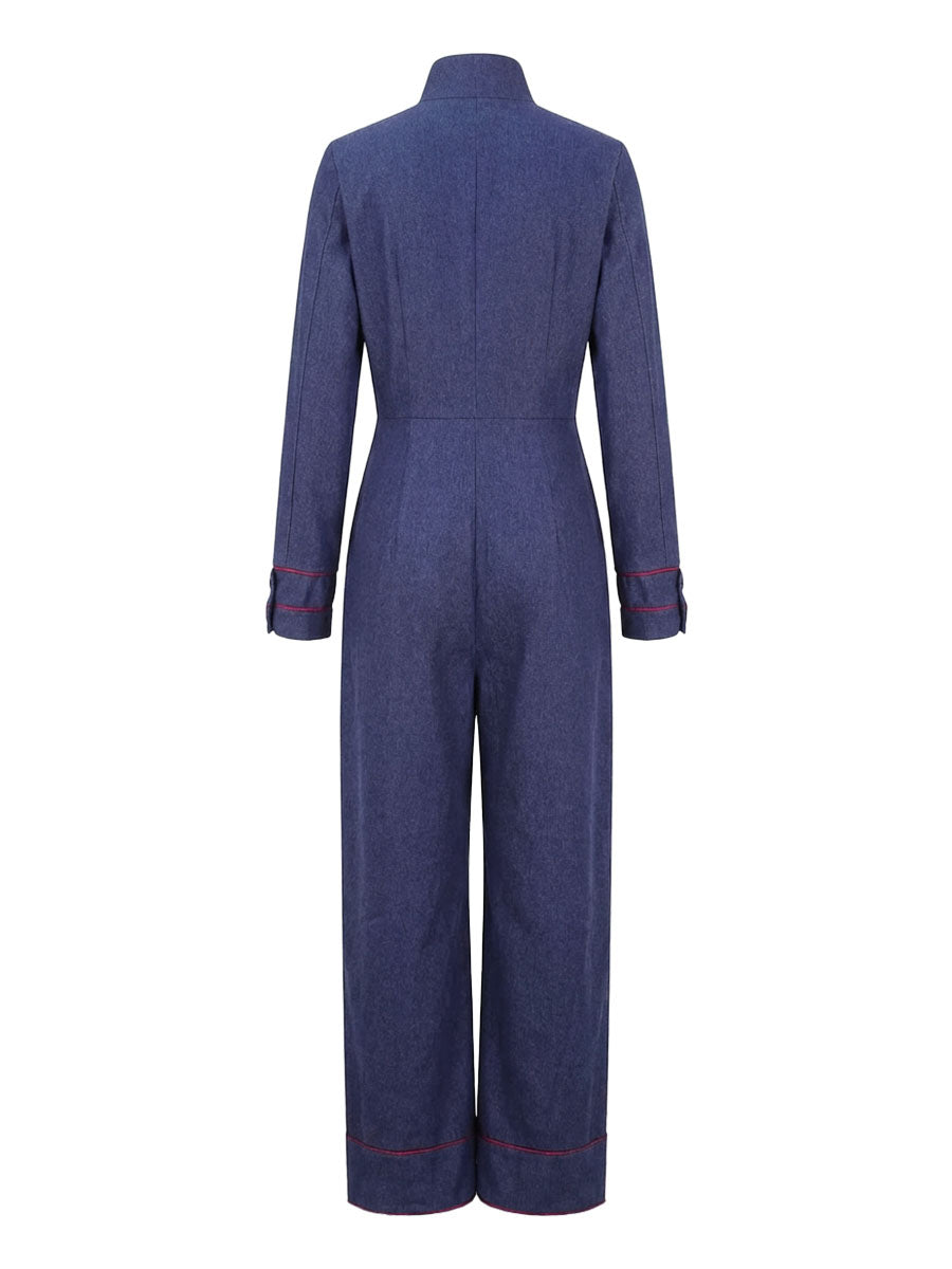 Denim Long Sleeve Jumpsuit with Stand Collar and Wide Leg