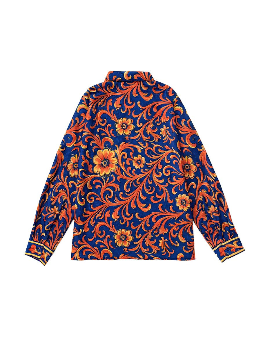 Flower Print Lapel Buttoned Blouse