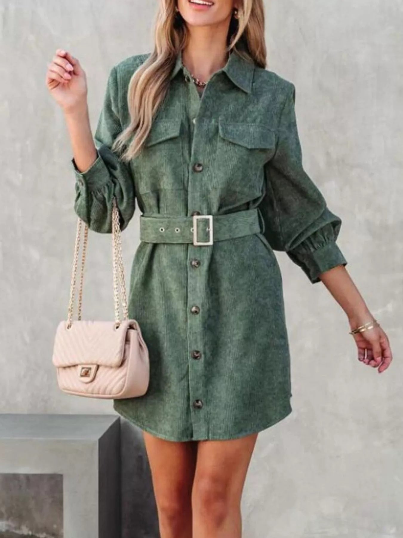 Rose Red Corduroy Shirt Shirt Dress