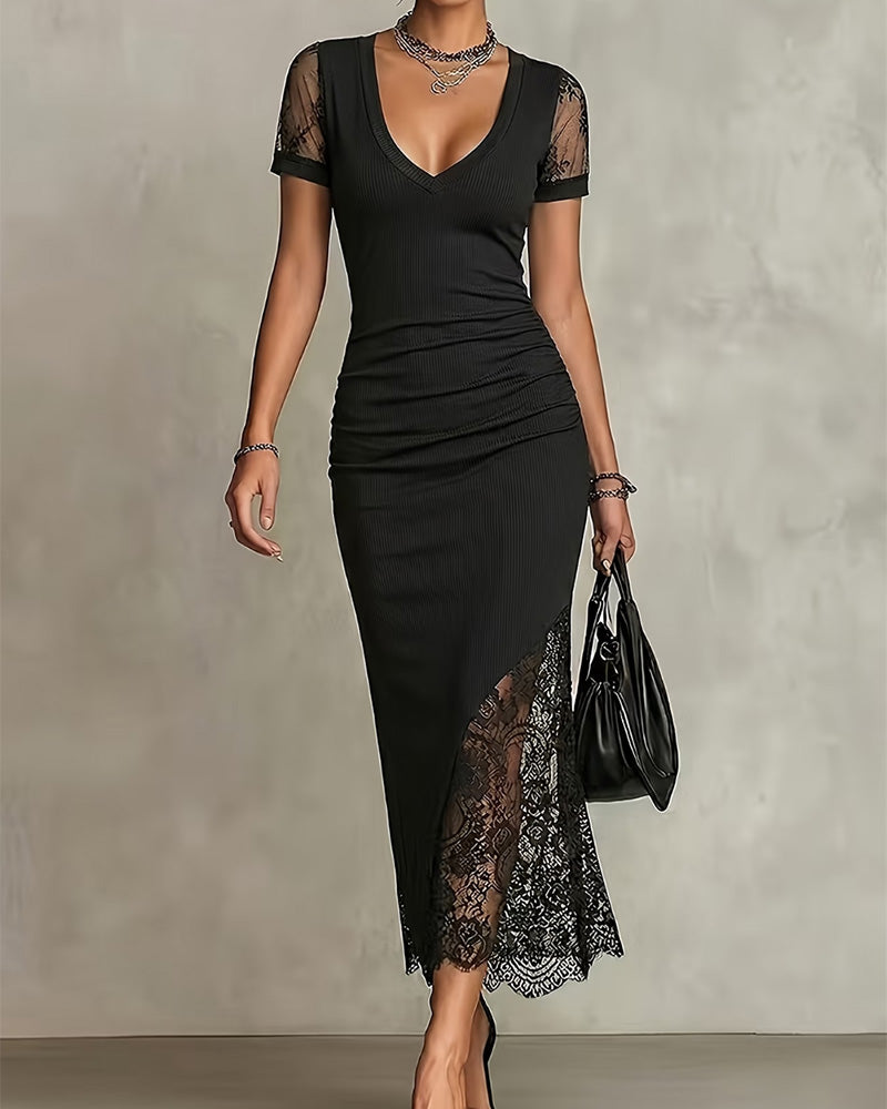 V-neck lace patchwork short sleeve midi dress, front view