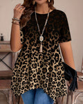 Gradient Leopard Print Asymmetric T-Shirt Khaki | Alba Muse