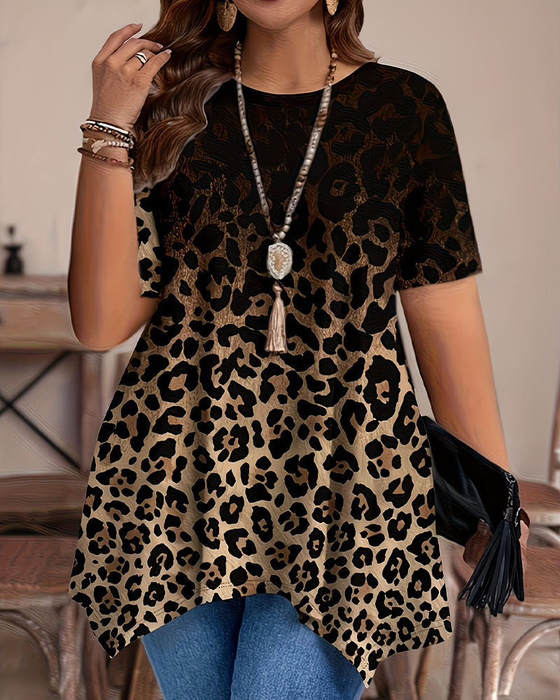 Gradient Leopard Print Asymmetric T-Shirt Khaki | Alba Muse