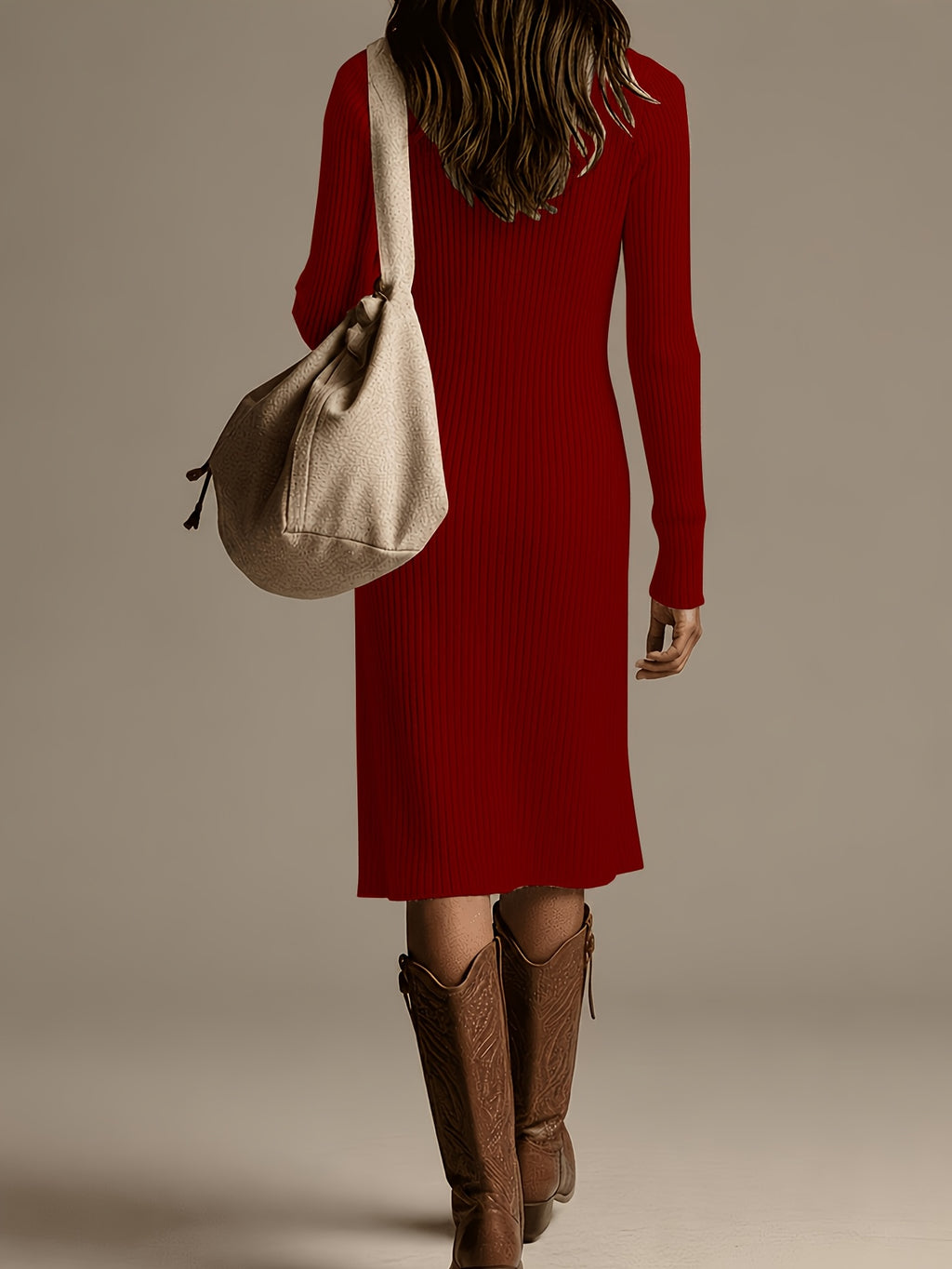 Khaki Ribbed Knit V-Neck Midi Dress