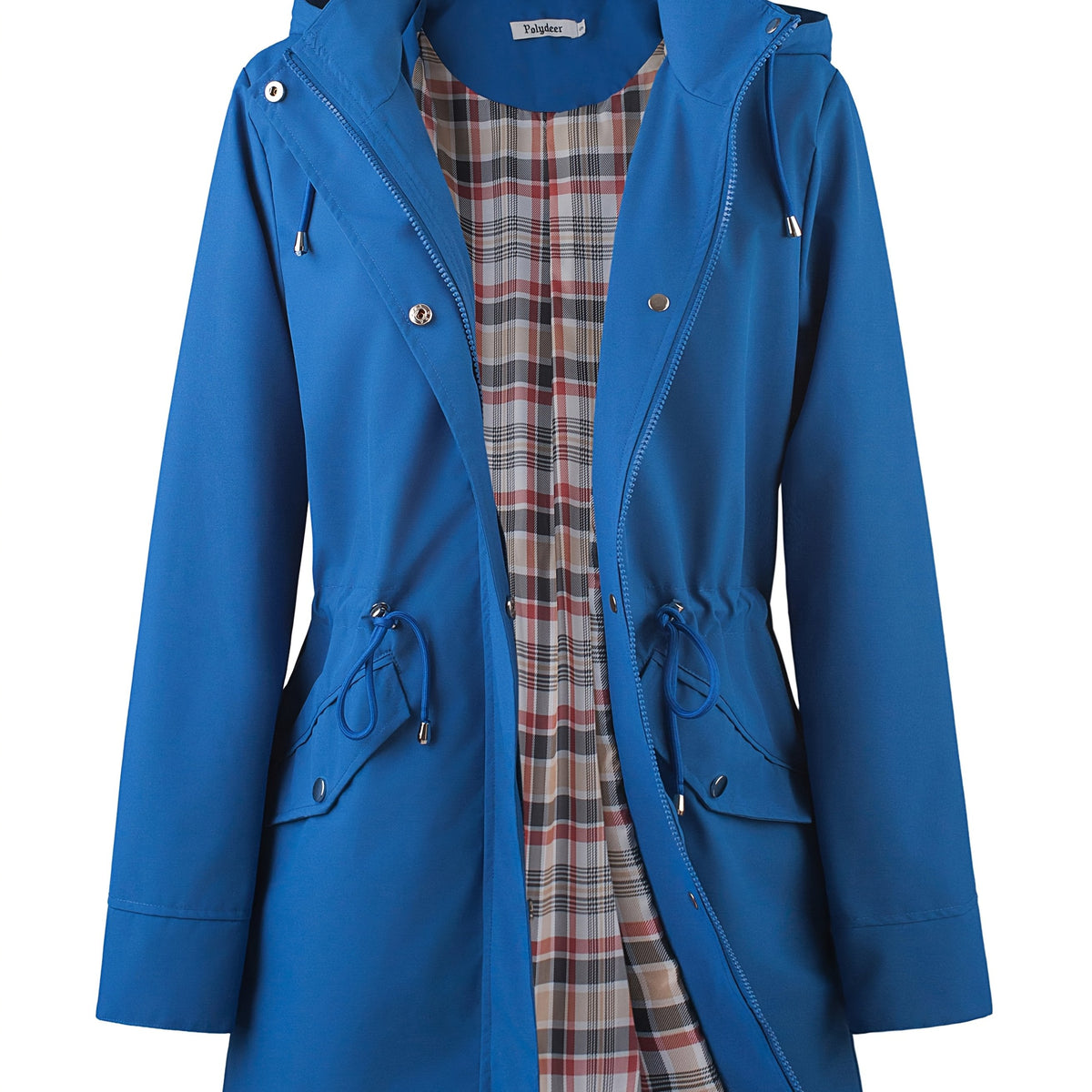 Hooded drawstring waist zip up coat with an attached hood in Royal Blue