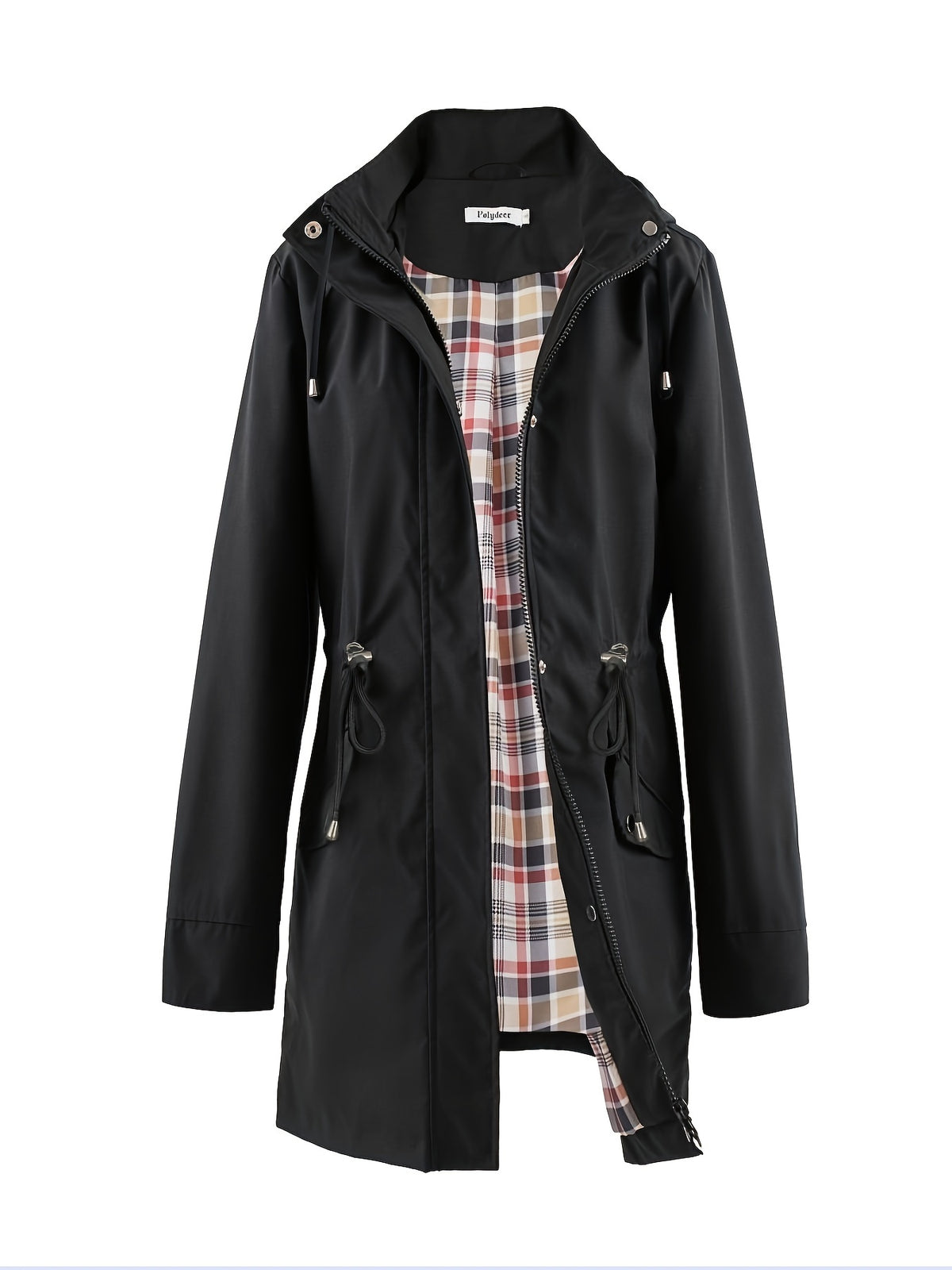 Hooded drawstring waist zip up coat with an attached hood