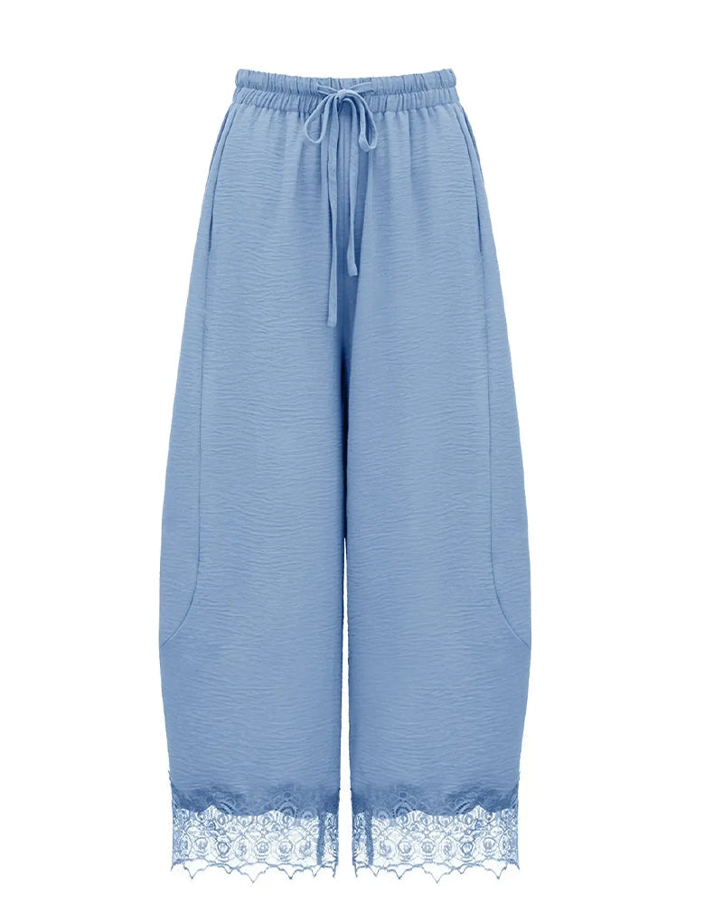 Elastic Waist Lace-Panel Casual Trousers