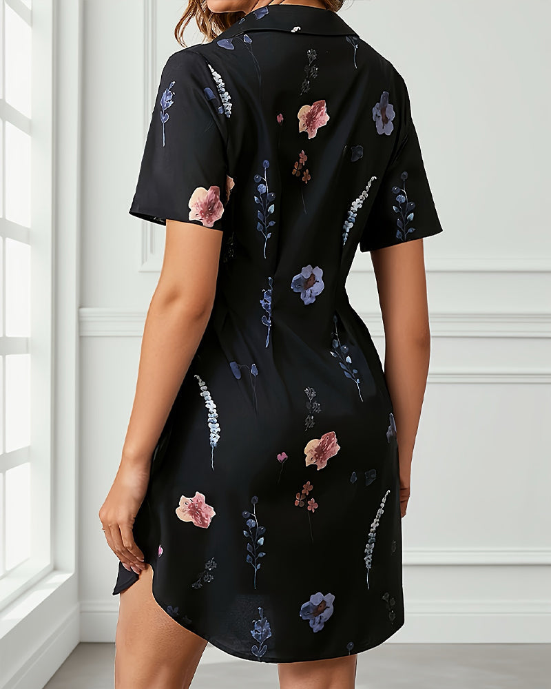 Shirred lapel floral midi dress, detail view