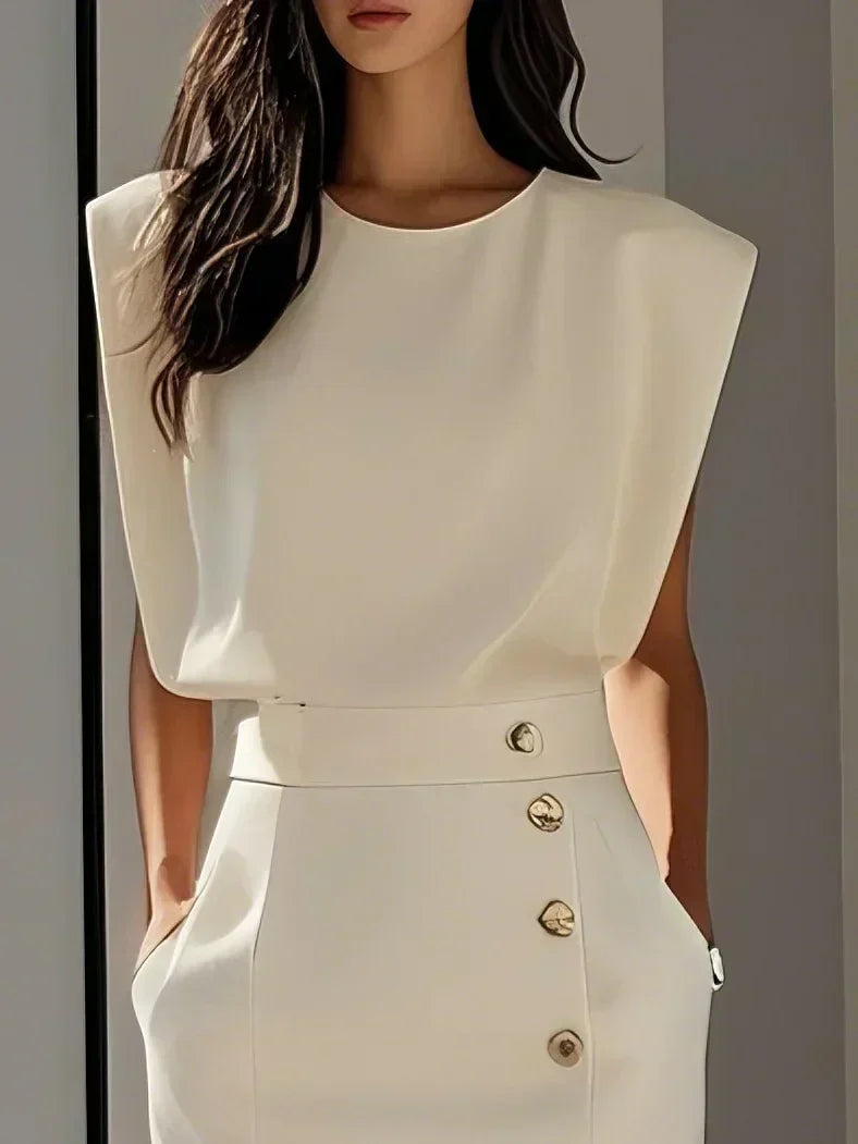 Solid Midi Dress with Button Slit — worn on model