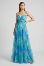 Women's flowing chiffon dress with pleated skirt, third colour full length