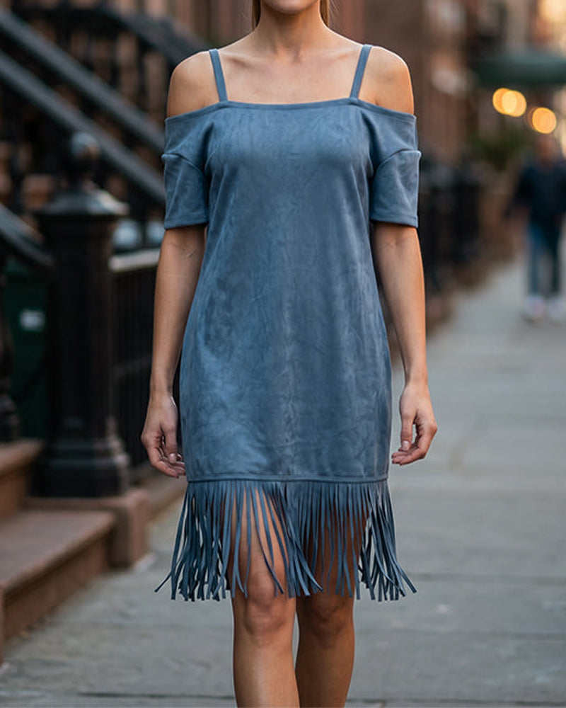 Blue Spaghetti Strap Off-Shoulder Fringe Maxi Dress — worn on model