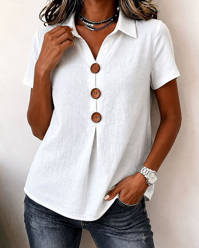 Lapel three button solid short sleeve blouse in white, front view