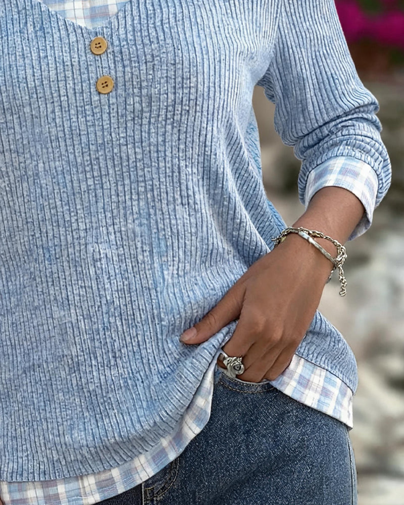 Women's Blue Ribbed Plaid Patchwork Long-Sleeve Blouse