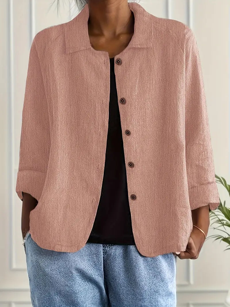 Front view of women's relaxed button front lightweight jacket