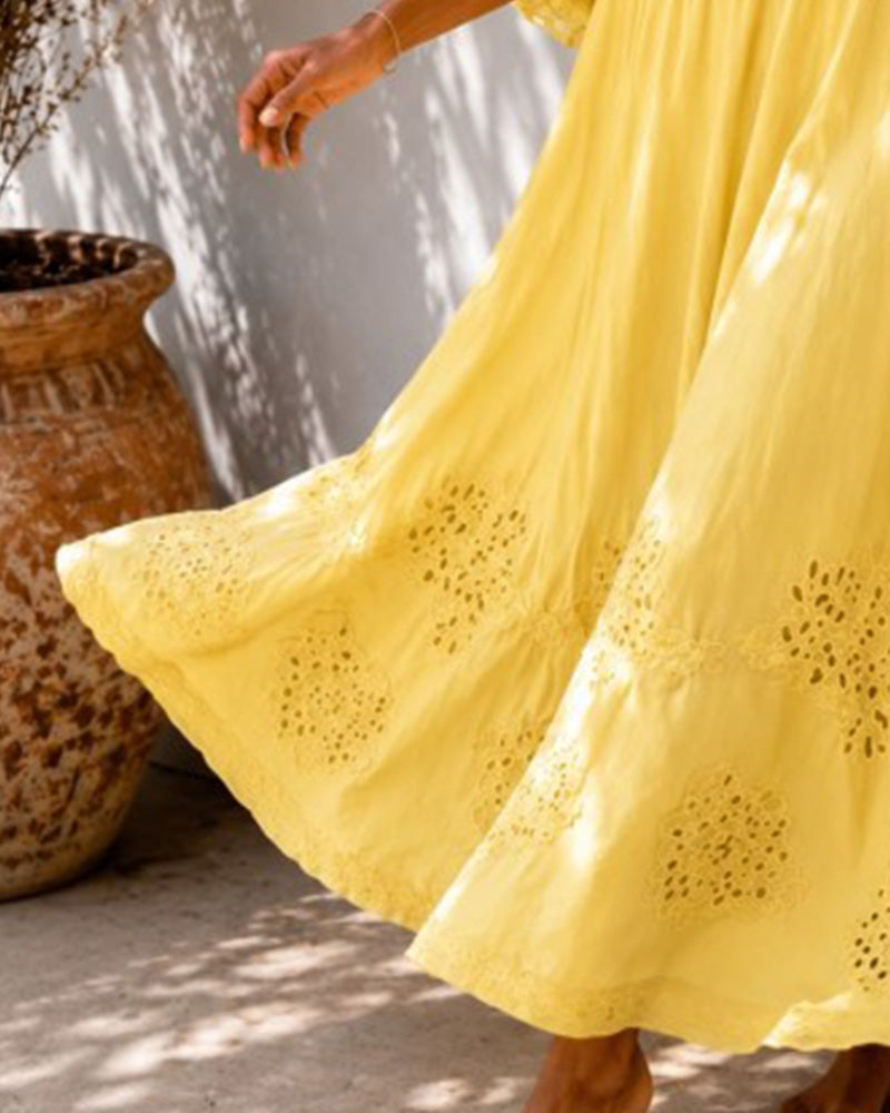 Yellow V-Neck Ruffle Shirred Midi Dress — worn on model