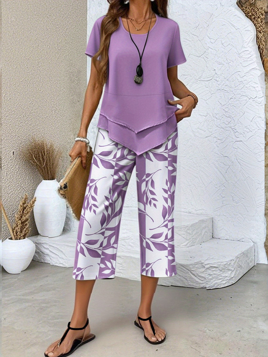 Solid Crop Top & Botanical Print Shorts Co-ord Set in Purple, front view