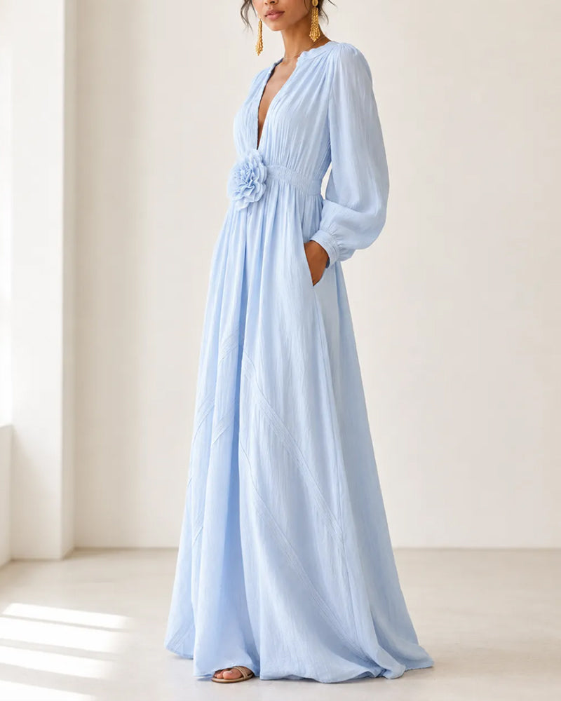 Blue V-Neck 3D Floral Full Skirt Maxi Dress — worn on model