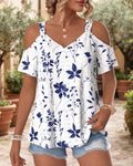 Strappy off-shoulder floral V-neck T-shirt, front view
