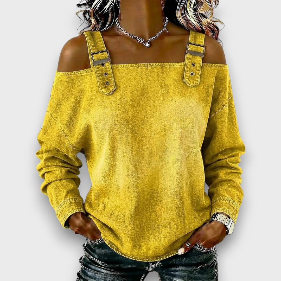 Women's Off-Shoulder Denim Top — worn on model