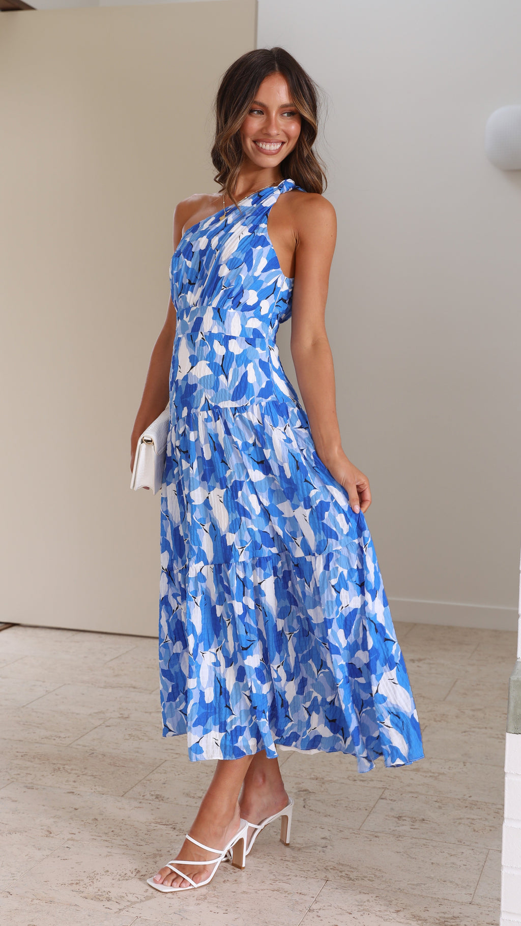 One-shoulder floral maxi dress in blue floral, full length view